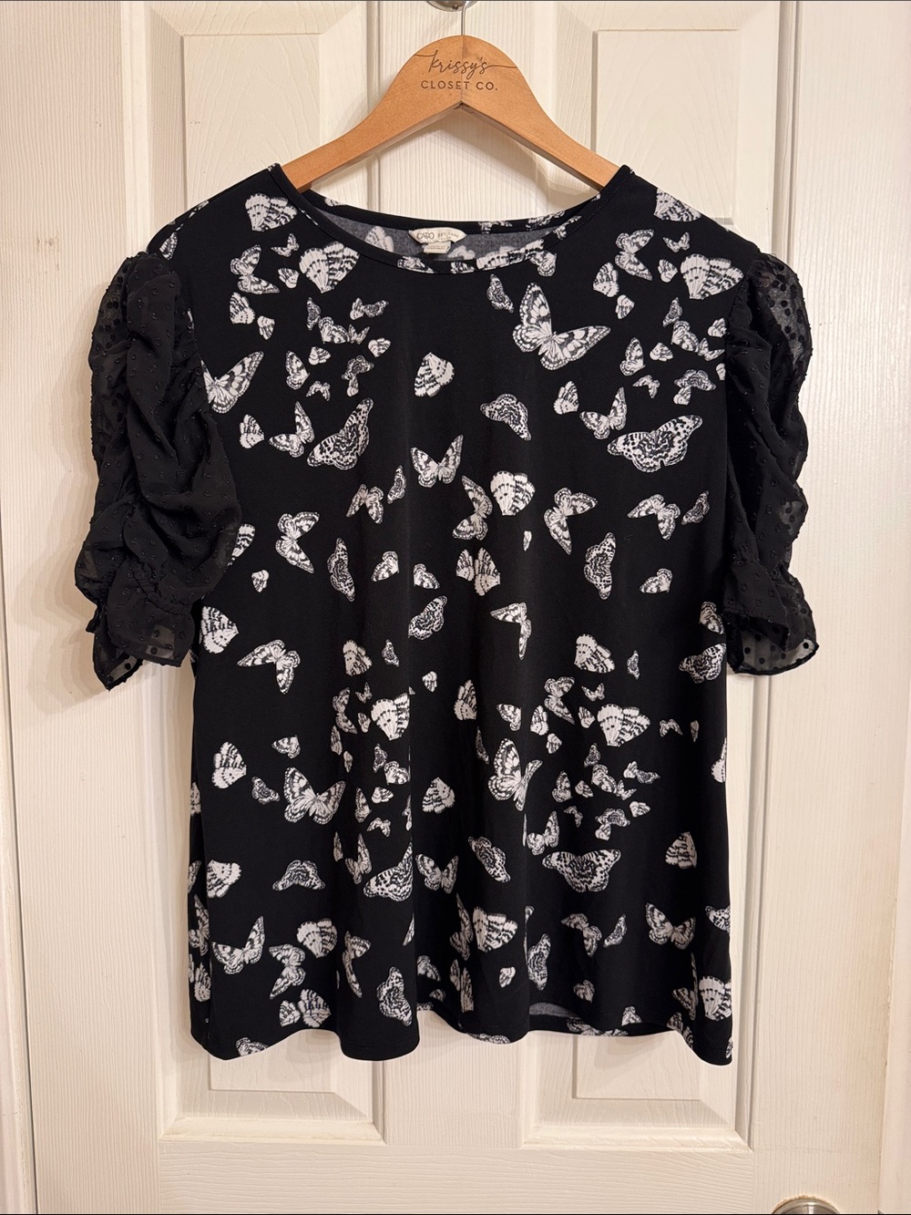 Cato Black Short-Sleeve Tee with White Butterfly Print and Puff Dot Sleeves